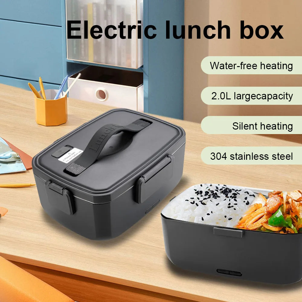 2L Electric Lunch Box 304 Stainless Steel No Water Needed Portable Food Warmer Automatic Heating Meal Container for Office Home