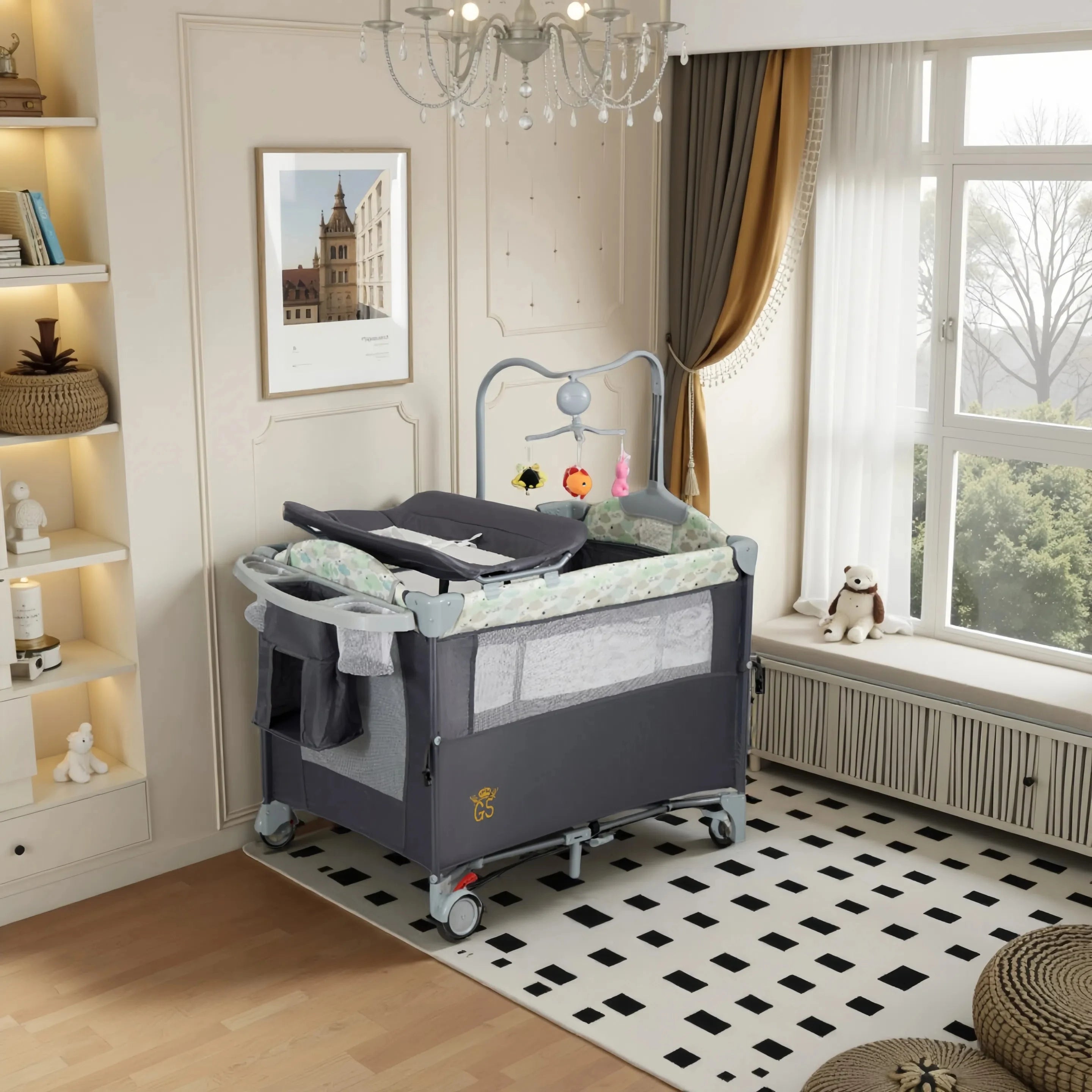 I YAN Pack n Play with bassinet, changing table, lockable wheels, music box, foldable infant to toddler playard