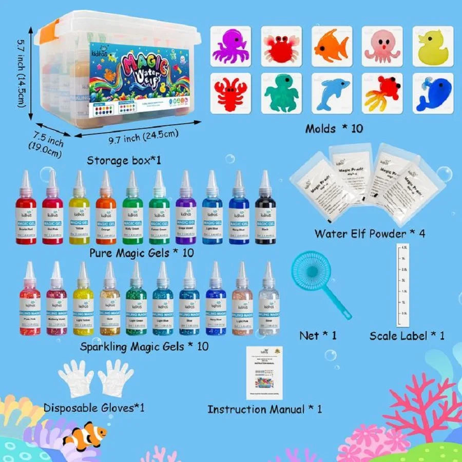 Kiditos Magic Water Elf Toy Kit by I YAN with colorful gels, molds, and water pets for sensory play and DIY crafts for kids.