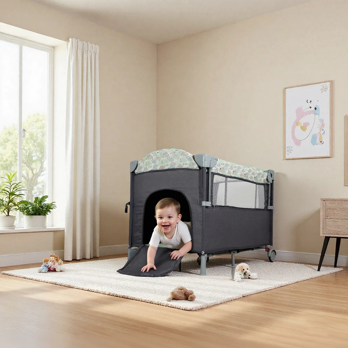 I YAN Pack n Play with bassinet, changing table, lockable wheels, and music box for infants and toddlers in foldable design