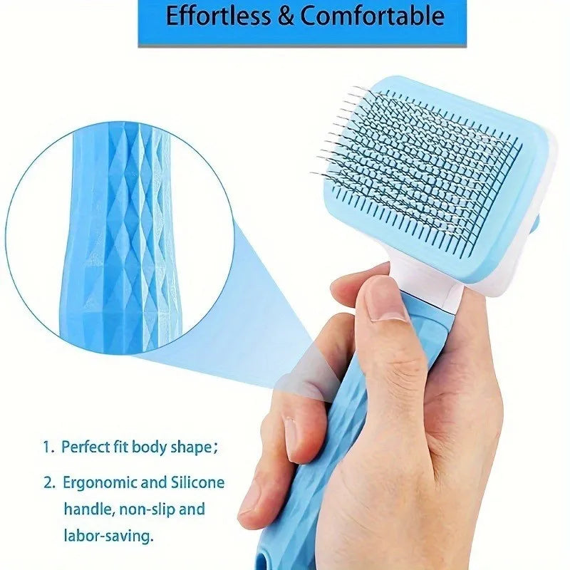 I YAN one-button pet deshedding brush for dogs and cats, featuring ergonomic grip and easy-clean design for removing loose hair.