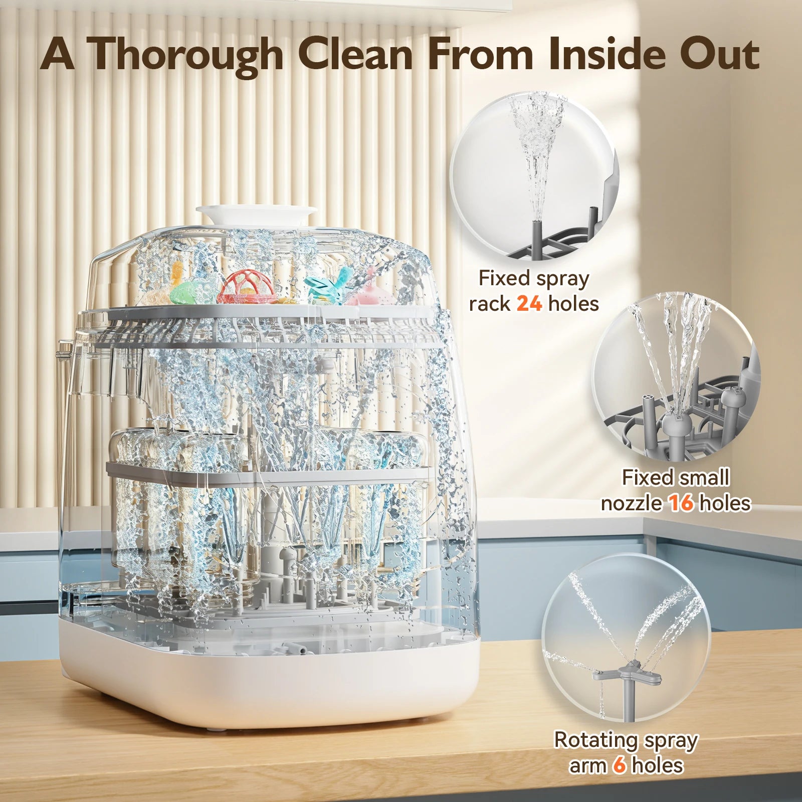 I YAN baby bottle care machine with sterilizer and dryer, showing the sleek design and interior for washing baby bottles and accessories.