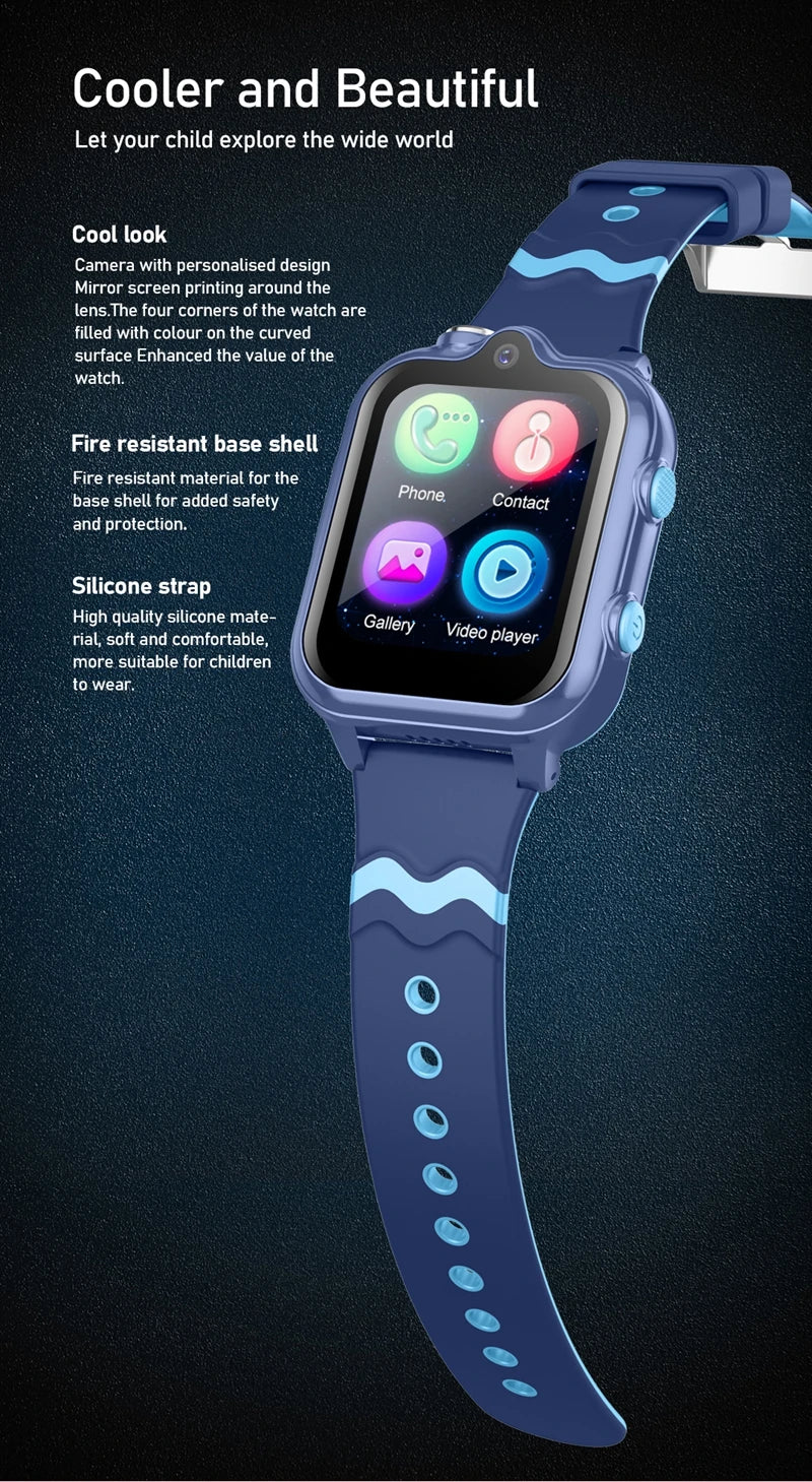 Wonlex KT18Pro kids' 4G smartwatch with dual cameras, GPS, SOS, WhatsApp, and Android 8.1 interface, featuring colorful display.