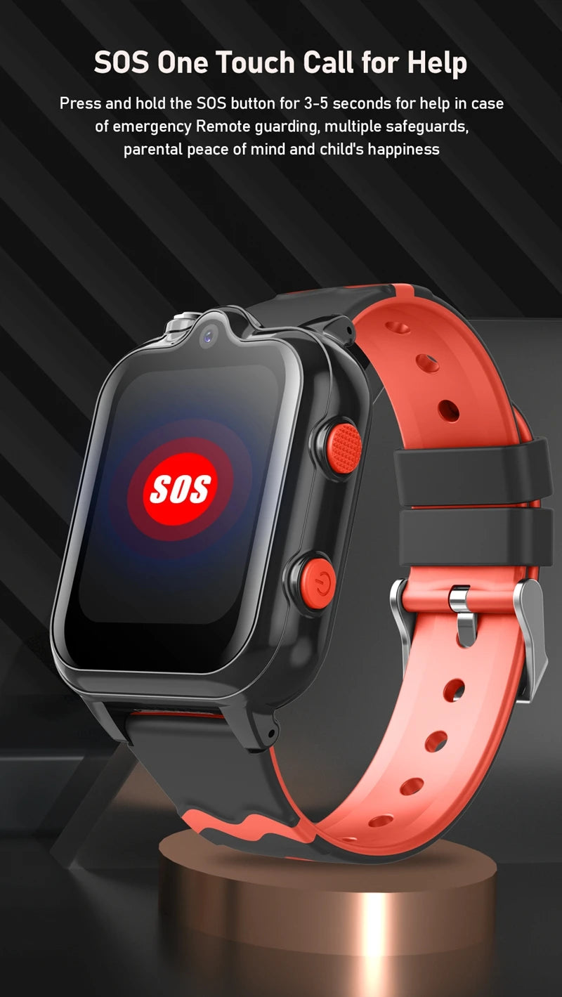 Wonlex KT18Pro kids' 4G smartwatch with dual cameras, GPS, SOS, and WhatsApp on Android 8.1, showing the watch with screen and band