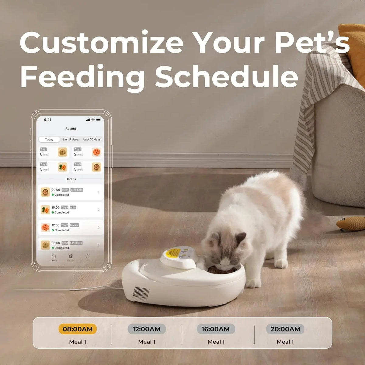 Robotail smart automatic cat feeder by I YAN with refrigerated and heated wet food dispenser, app-controlled pet feeding system.