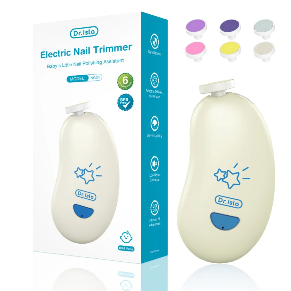 Electric Baby Nail Trimmer Set with LED Light Multi-Functional Nail Trimming Polisher with 6PC Replaceable Polishing Heads
