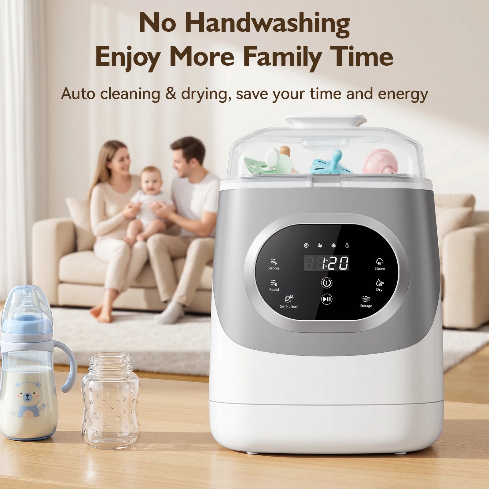 I YAN baby bottle care machine with sterilizer and dryer for bottles, breast pump accessories, and all baby items, compact and efficient.