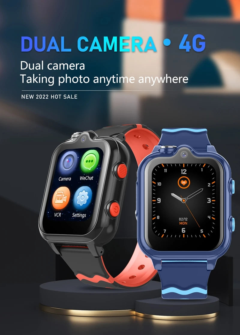Wonlex Kids 4G Smart Watch with dual cameras, GPS, SOS, and WhatsApp, featuring a colorful display and child-friendly design.