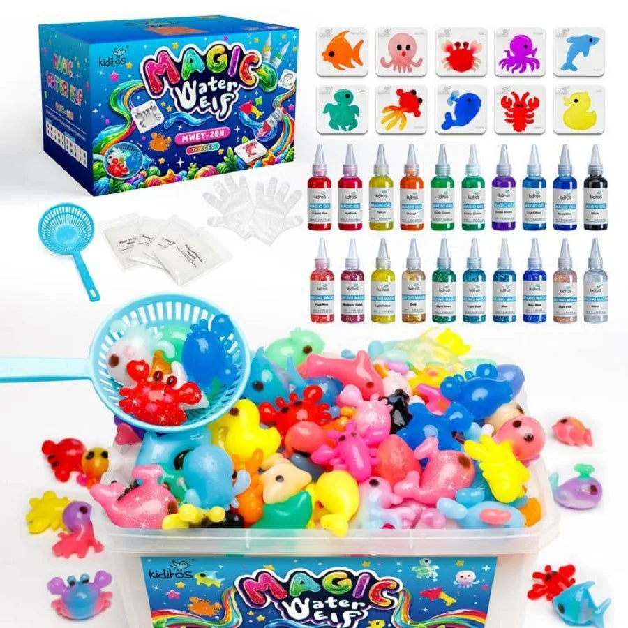 Kiditos Magic Water Elf Toy Kit by I YAN with colorful squishy gels, molds, and water pet figures for sensory play and DIY craft fun.