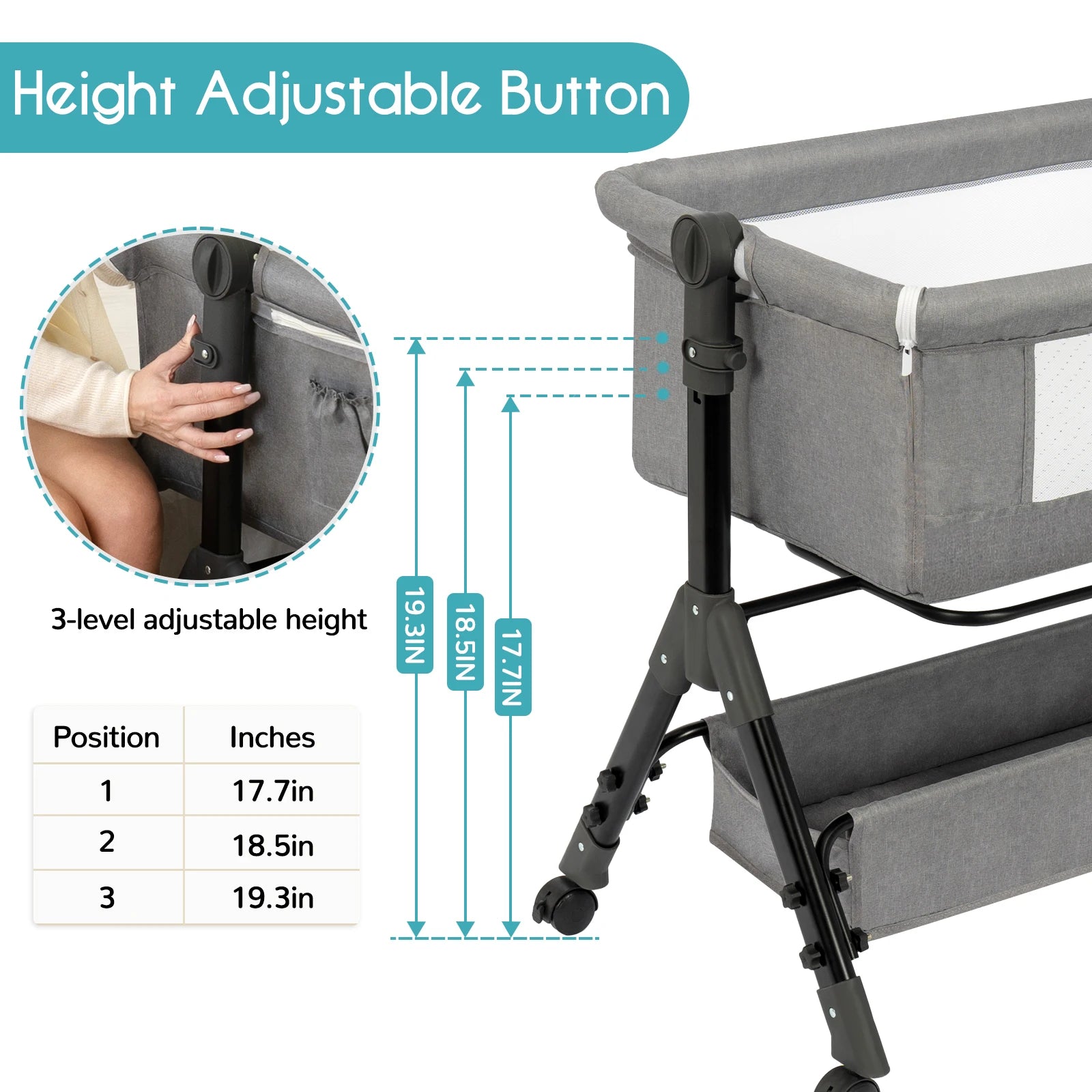 I YAN 3-in-1 baby bassinet bedside sleeper, foldable and portable cradle with easy assembly for newborns, shown with mattress and side panels.