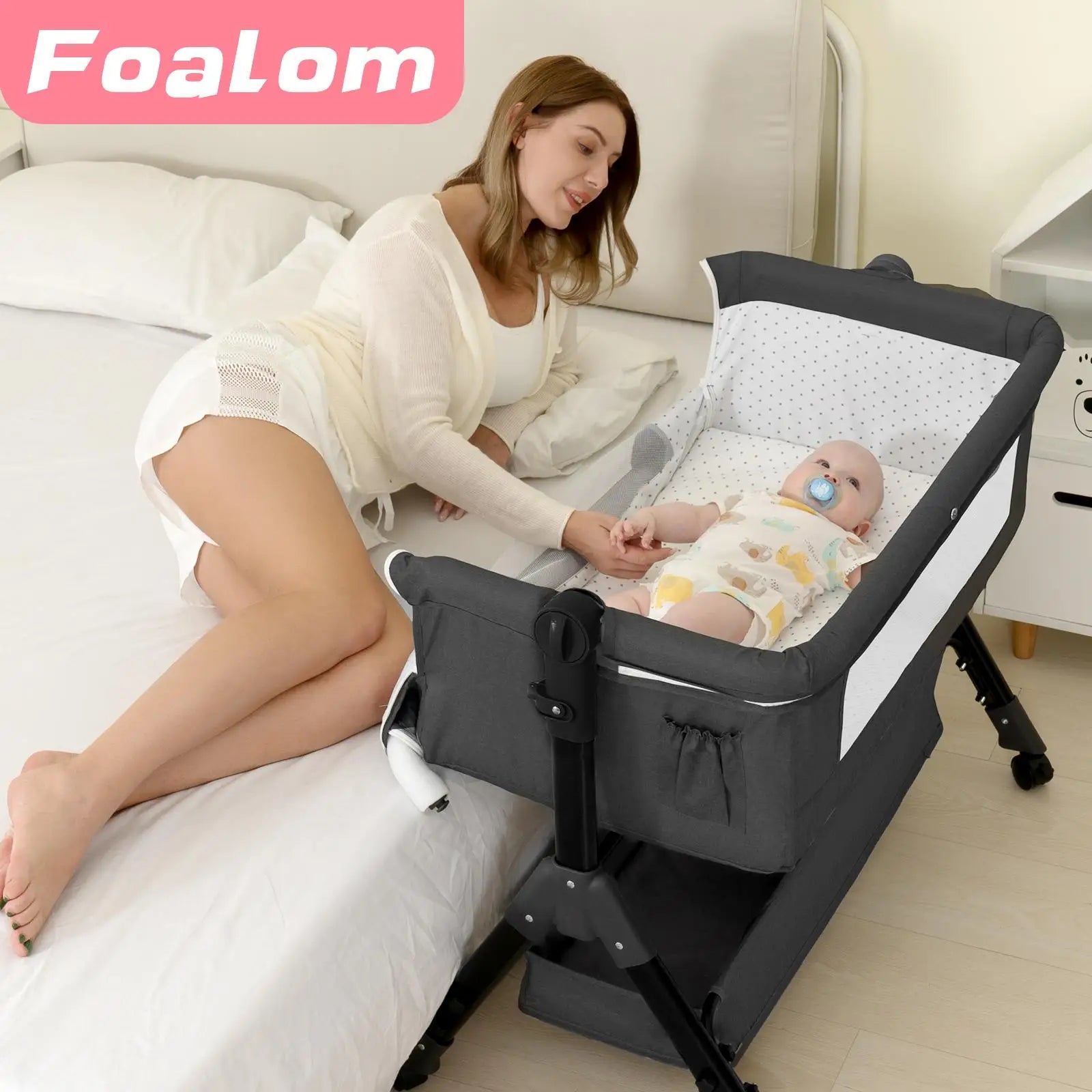 I YAN 3-in-1 baby bassinet bedside sleeper with foldable, portable design, easy to assemble and perfect for newborns.
