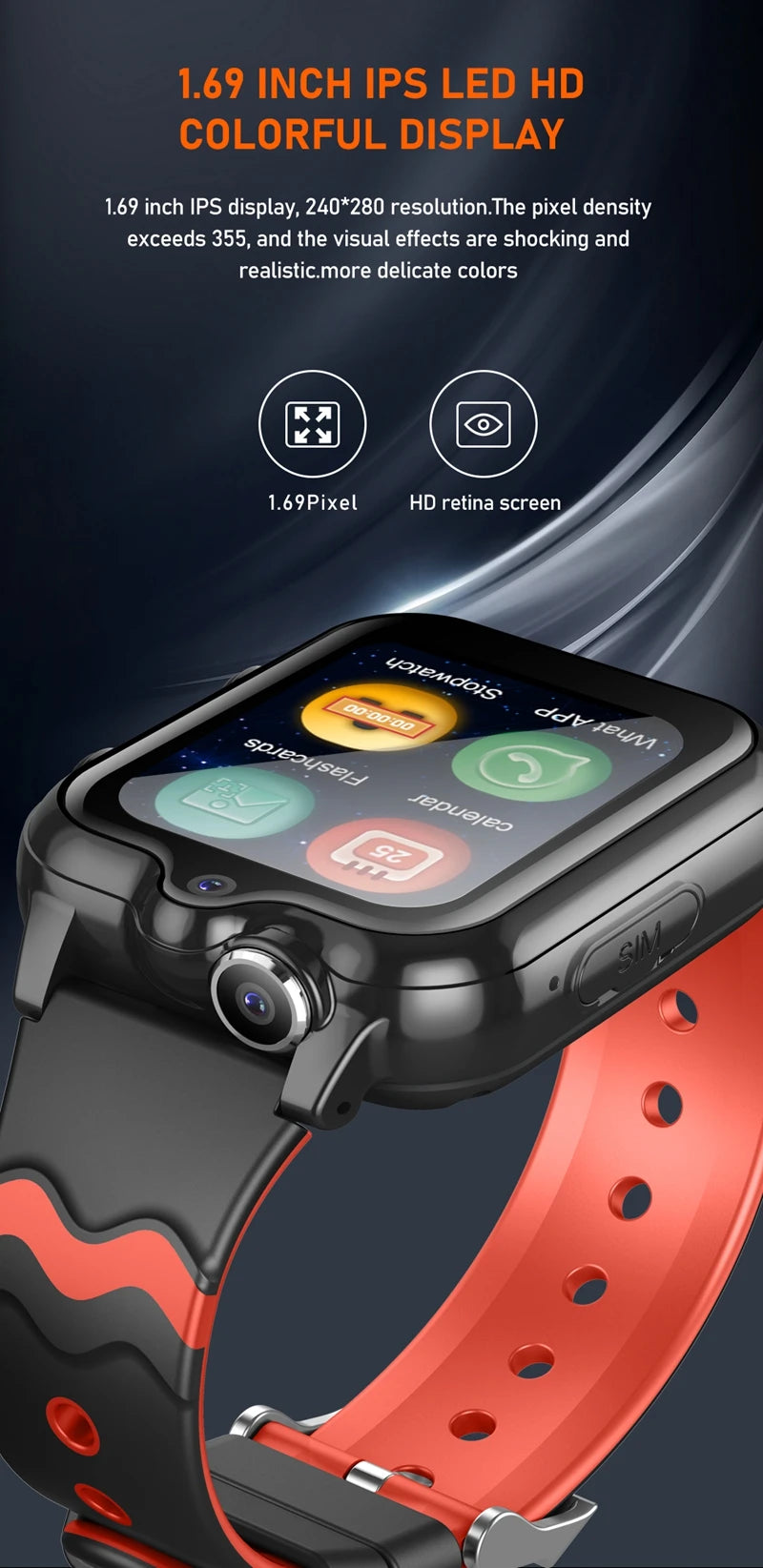Wonlex Kids 4G Smart Watch with dual cameras, GPS, SOS, and WhatsApp, featuring a colorful display on an Android 8.1 device.