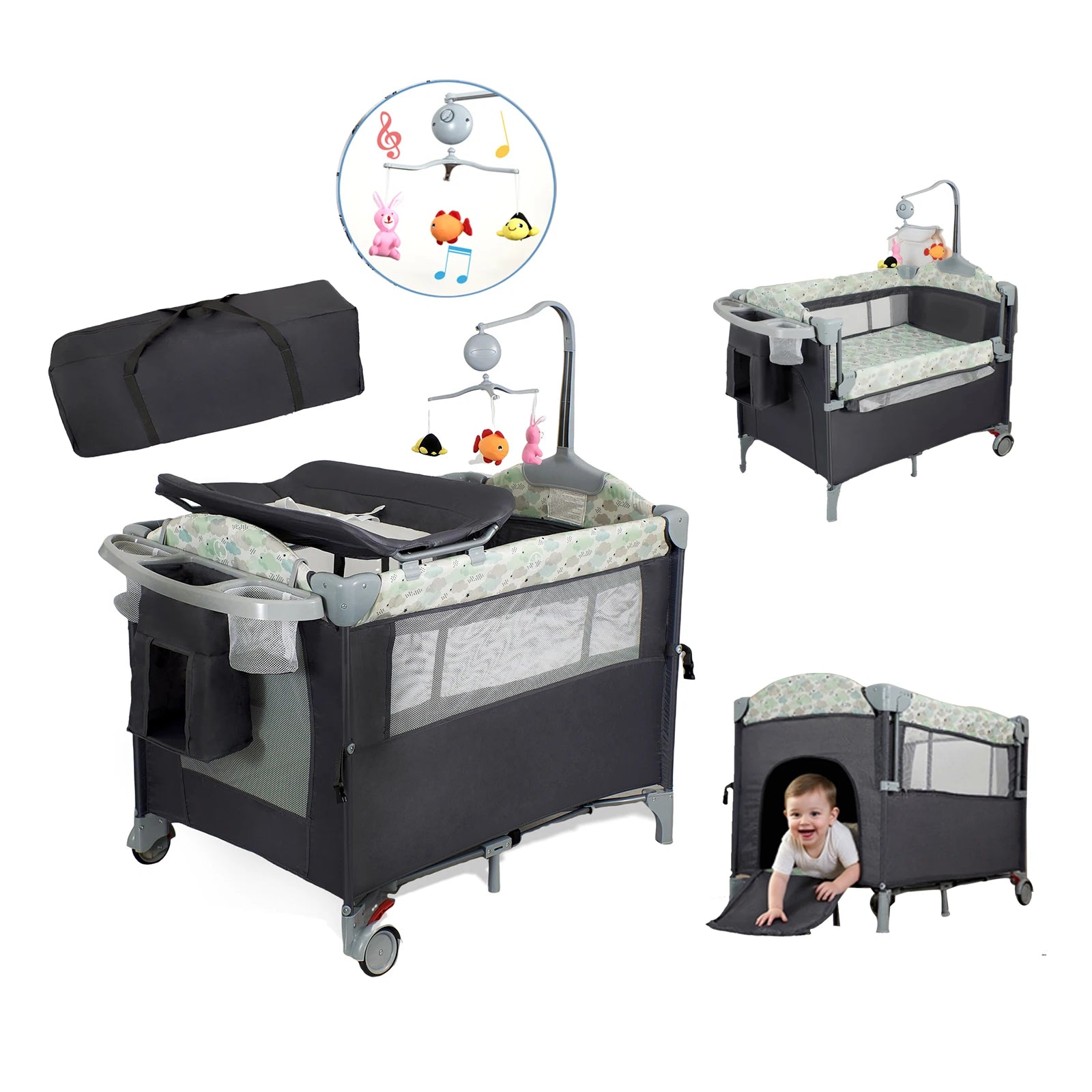 I YAN Pack n Play with bassinet, changing table, lockable wheels, and music box, foldable infant to toddler playard.