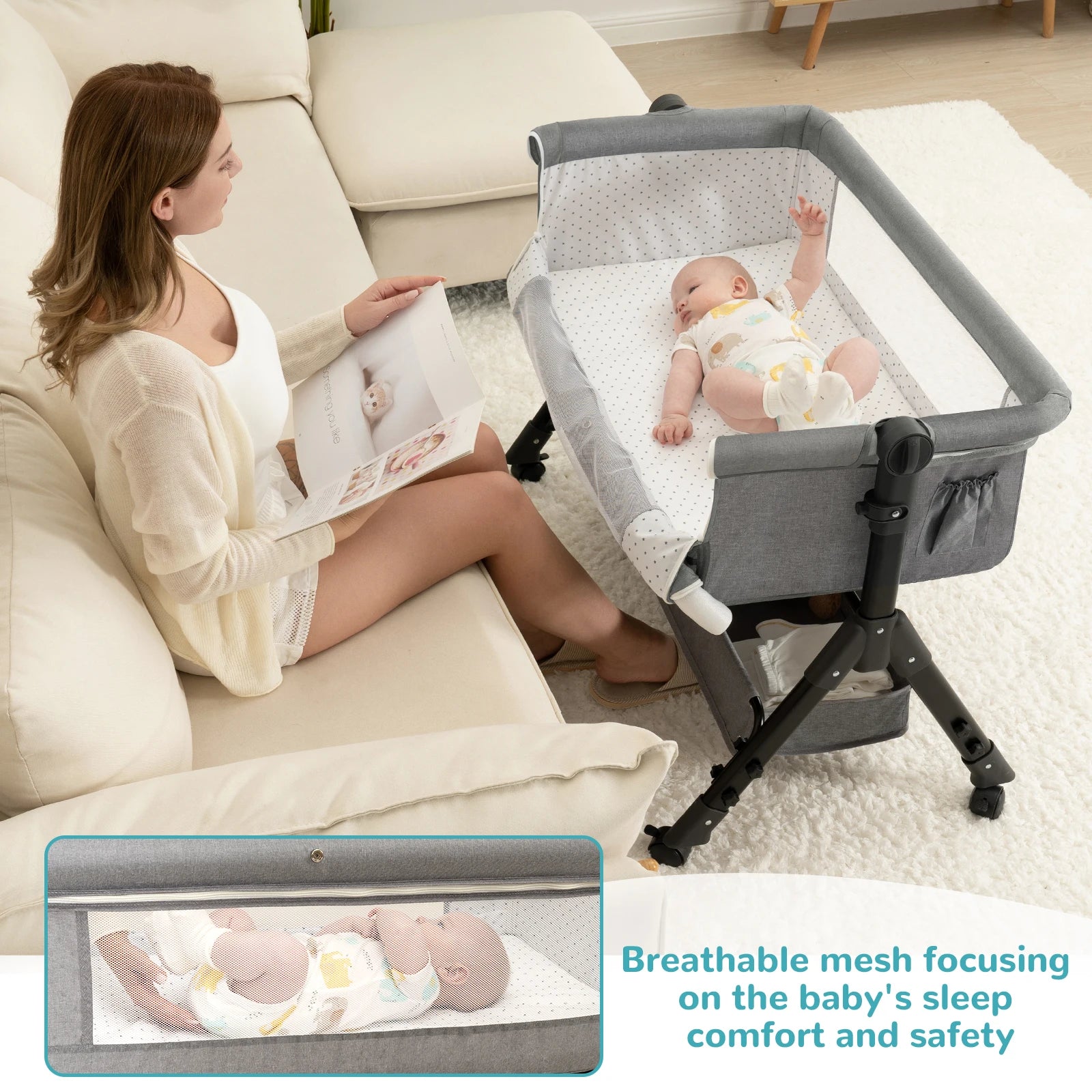 I YAN 3-in-1 baby bassinet bedside sleeper, foldable and portable baby cradle for newborns, easy to assemble and transport.