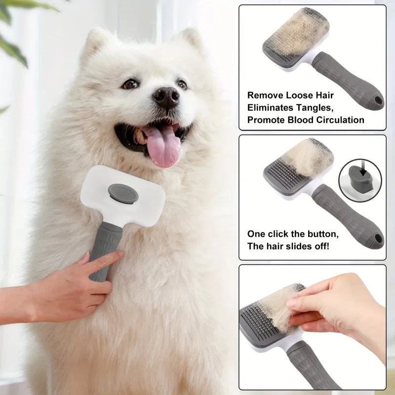 I YAN one-button pet deshedding brush with ergonomic grip, designed for dogs and cats to remove loose hair and detangle easily.