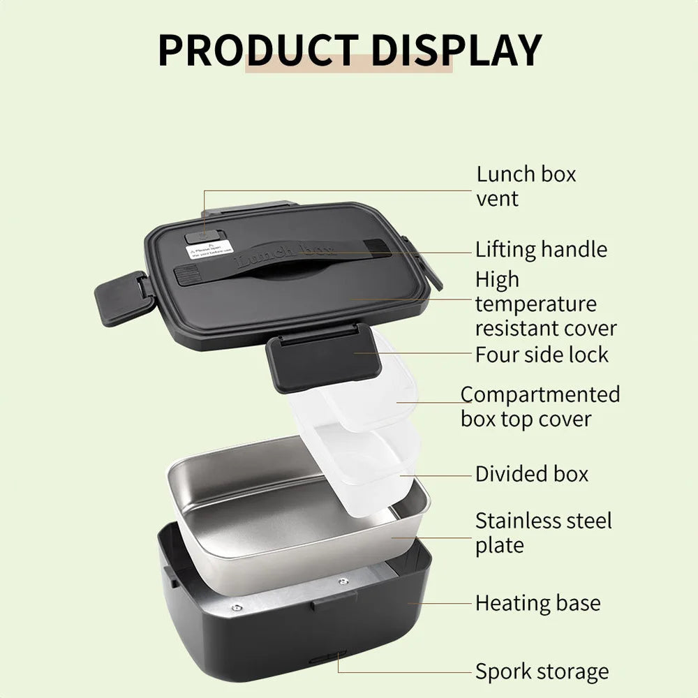 2L Electric Lunch Box 304 Stainless Steel No Water Needed Portable Food Warmer Automatic Heating Meal Container for Office Home