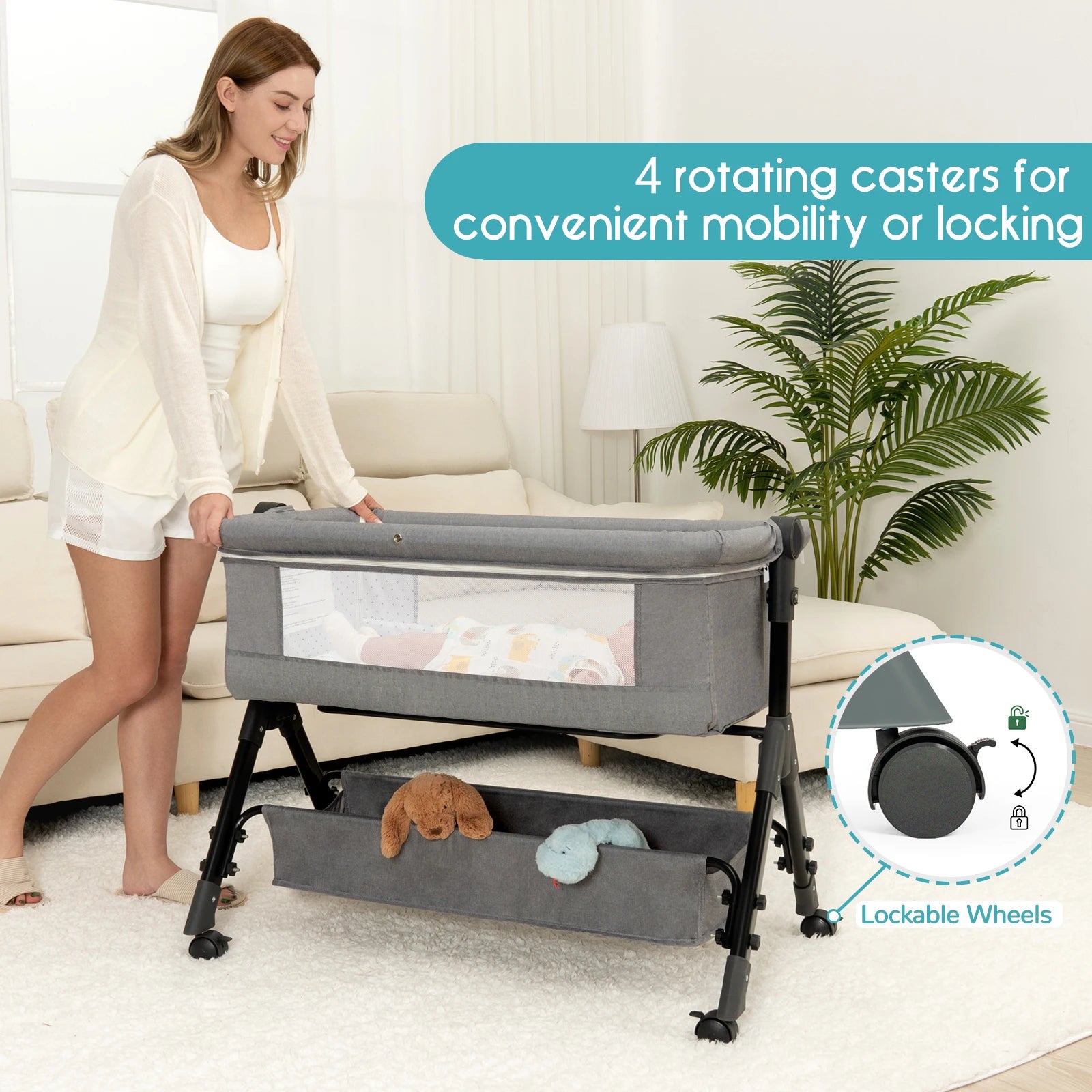 I YAN 3-in-1 baby bassinet bedside sleeper with foldable design, portable cradle for newborns, easy to assemble and use.
