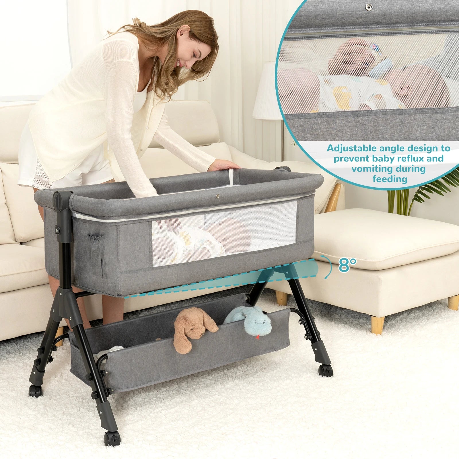 I YAN 3-in-1 baby bassinet bedside sleeper showing foldable, portable cradle with mesh sides for newborns.