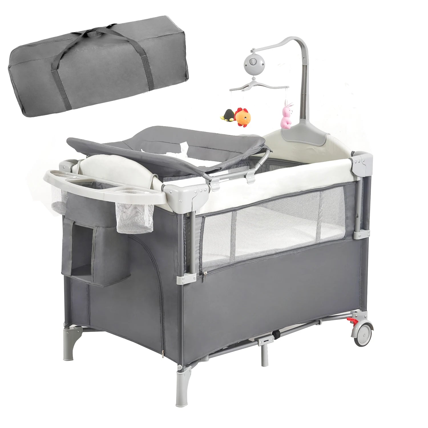 I YAN Pack n Play with bassinet, changing table, lockable wheels, and music box, foldable infant to toddler playard in a nursery setting.