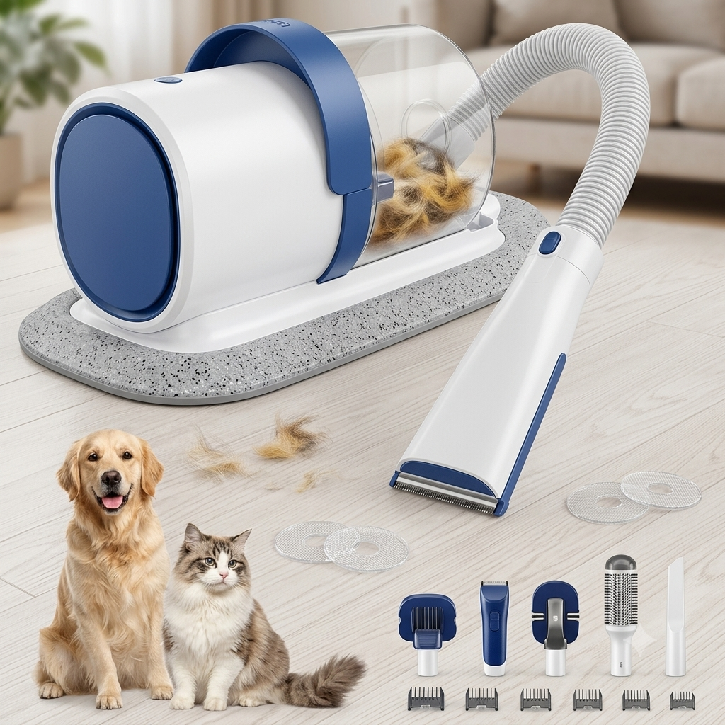 I YAN 5-in-1 pet grooming vacuum kit with 10kPa suction and 2.5L dust cup, designed for quiet grooming of dogs and cats.