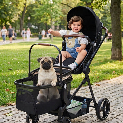 Foldable multi-functional pet and baby stroller by I YAN with a detachable design, shown in a compact, portable form.