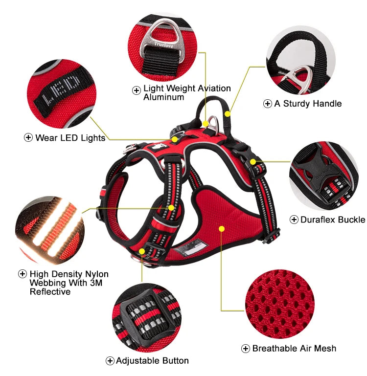 Reflective nylon dog harness by I YAN, adjustable medium-large size, no-pull design, suitable for walking and running with safety features.