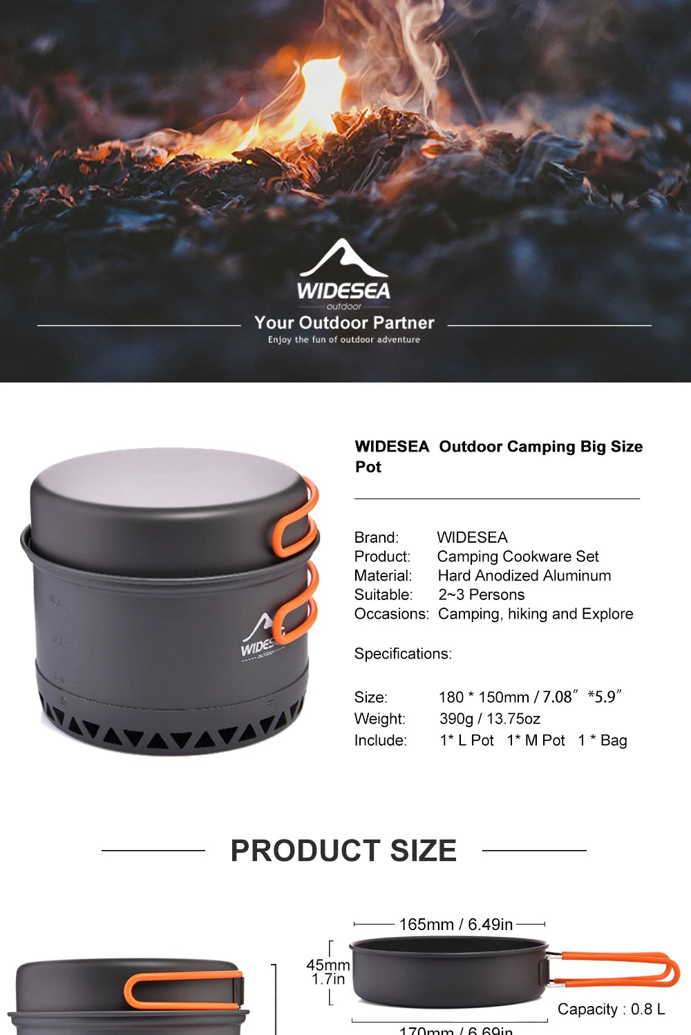 Widesea Camping Cookware 2.3L Set Pots Outdoor Cooking Heat Cooker Travel Tableware Bowler Tourist Kitchen Pot Utensil Equipment