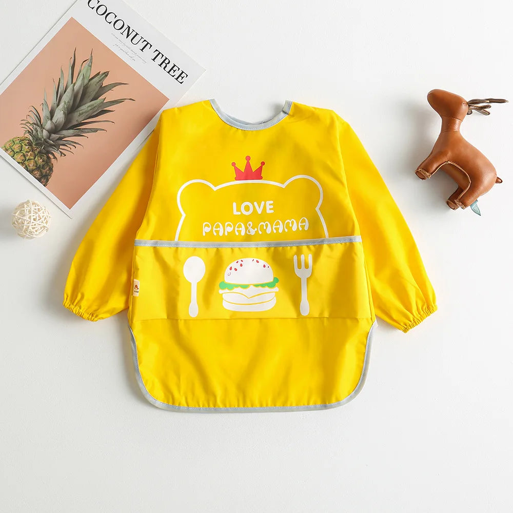 Baby Waterproof Bibs Long Sleeve Pocket Infant Cute Colorful Cartoon Printing Feeding Burp Cloths Baby Eating Accessories