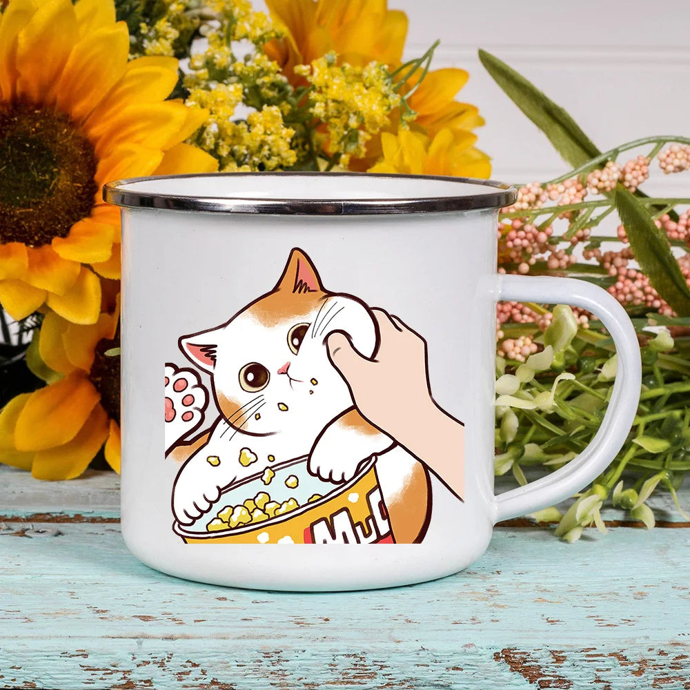 Cartoon Cat Print Enamel Coffee Tea Mugs Cute Animal Breakfast Dessert Milk Water Cups Love Cat Home Drinkware Best Friend Gifts