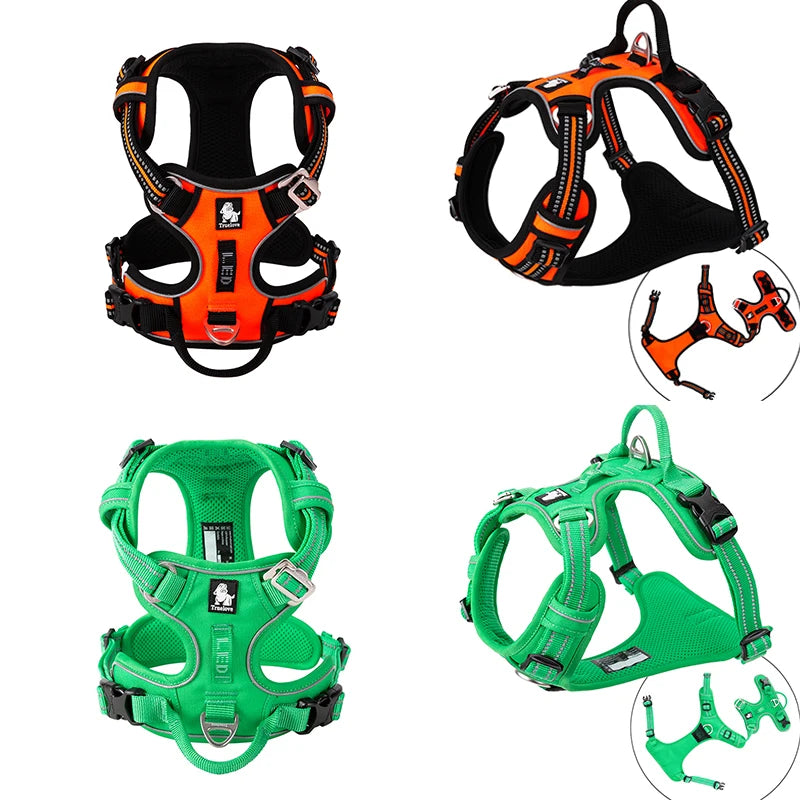Reflective nylon dog harness by I YAN, adjustable no-pull vest for medium to large dogs, ideal for walking, running, and safety.