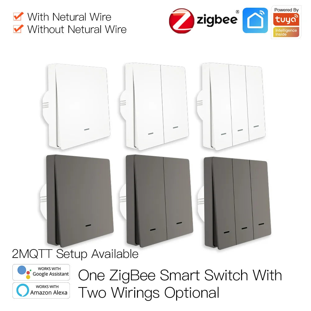 MOES Smart Light Switch Tuya ZigBee No Neutral Wire No Capacitor Needed Smart Life 2/3 Way Works with Alexa Google Home 2mqtt