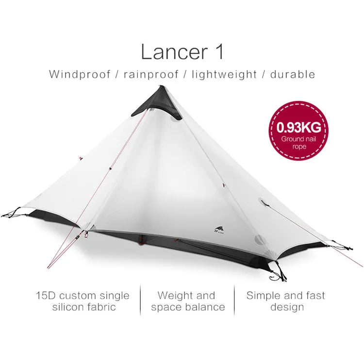 1 Person Oudoor Ultralight Camping Tent Single Man 3 Season Professional 15D Silnylon Rodless Tent
