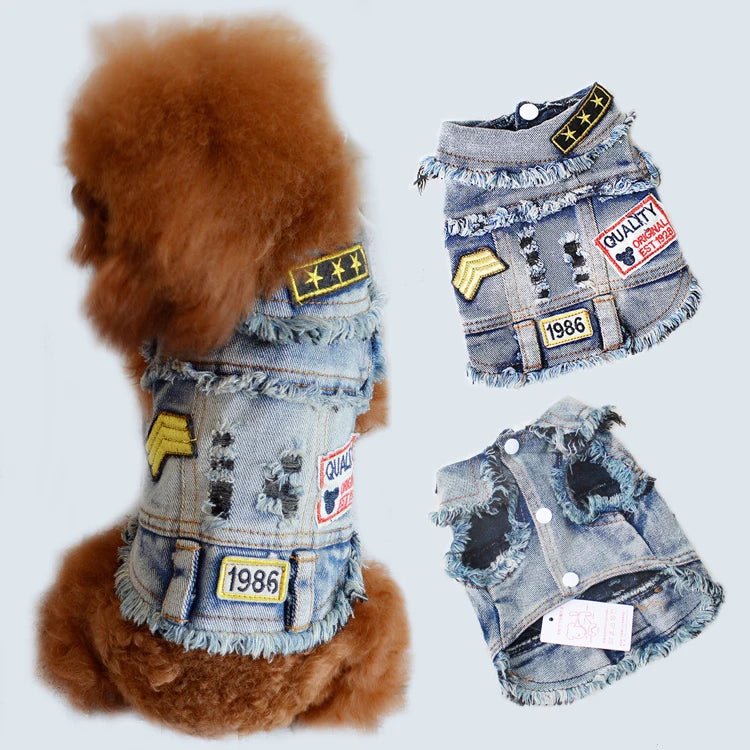 Vintage Washed Denim Jacket for Pets, Lapel Vests, Cool Blue Coat, Small and Medium Puppy Clothes, Classic Hoodie