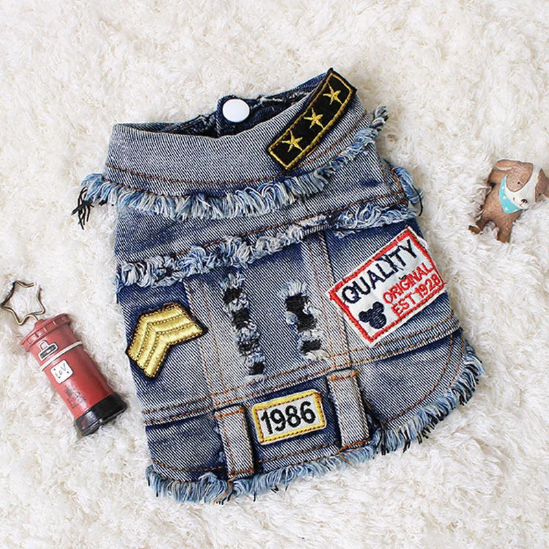 Vintage Washed Denim Jacket for Pets, Lapel Vests, Cool Blue Coat, Small and Medium Puppy Clothes, Classic Hoodie
