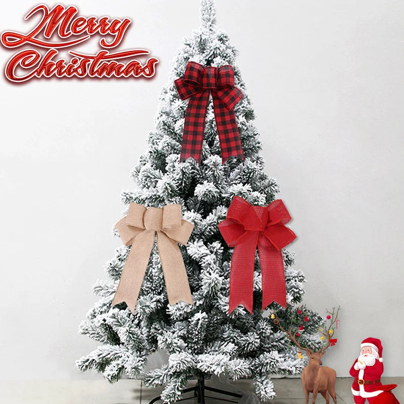 24*19cm 5ears DIY Bow Bowknot Crafts Linen Ribbon Bow Christmas Decoration Christmas Tree Decor Lattice Stripe Bow