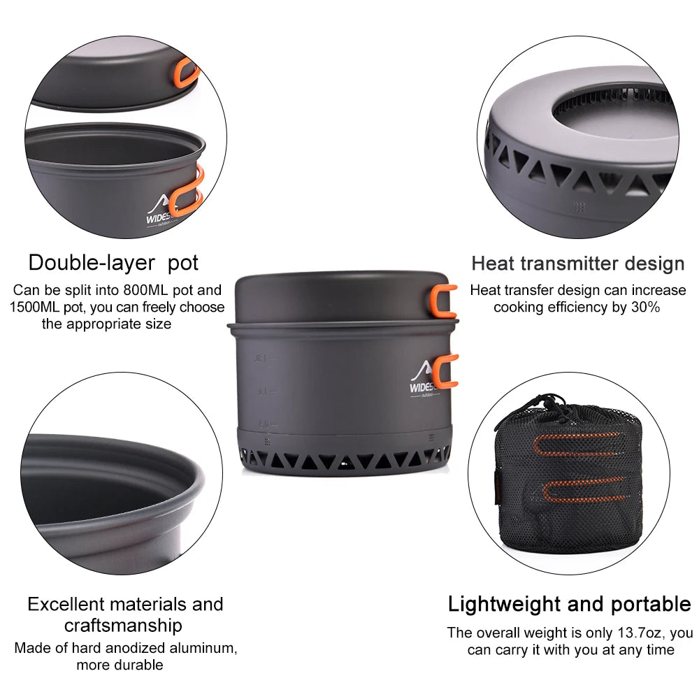 Widesea Camping Cookware 2.3L Set Pots Outdoor Cooking Heat Cooker Travel Tableware Bowler Tourist Kitchen Pot Utensil Equipment