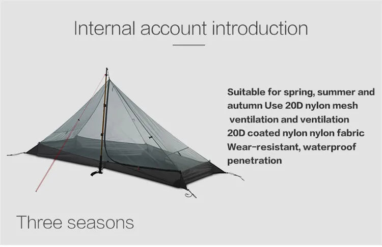 1 Person Oudoor Ultralight Camping Tent Single Man 3 Season Professional 15D Silnylon Rodless Tent