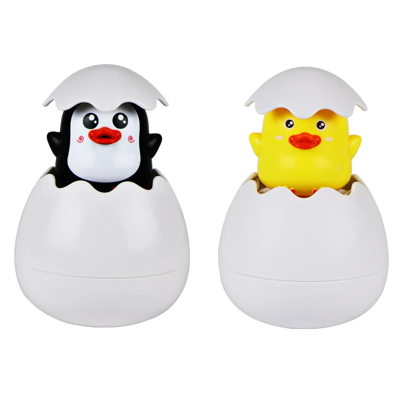 Baby bath toy by I YAN featuring a cute duck and penguin water spray sprinkler for kids in a bathtub setting.