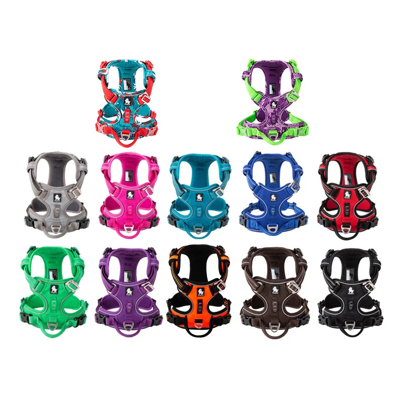 Reflective nylon dog harness by I YAN, adjustable no-pull design for medium to large dogs, suitable for walking and running.