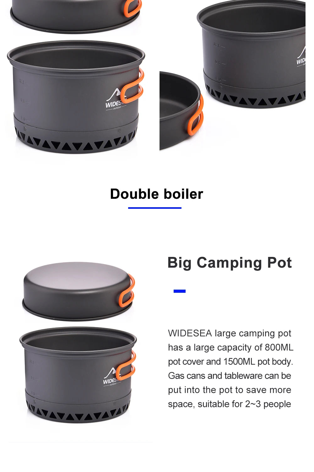 Widesea Camping Cookware 2.3L Set Pots Outdoor Cooking Heat Cooker Travel Tableware Bowler Tourist Kitchen Pot Utensil Equipment
