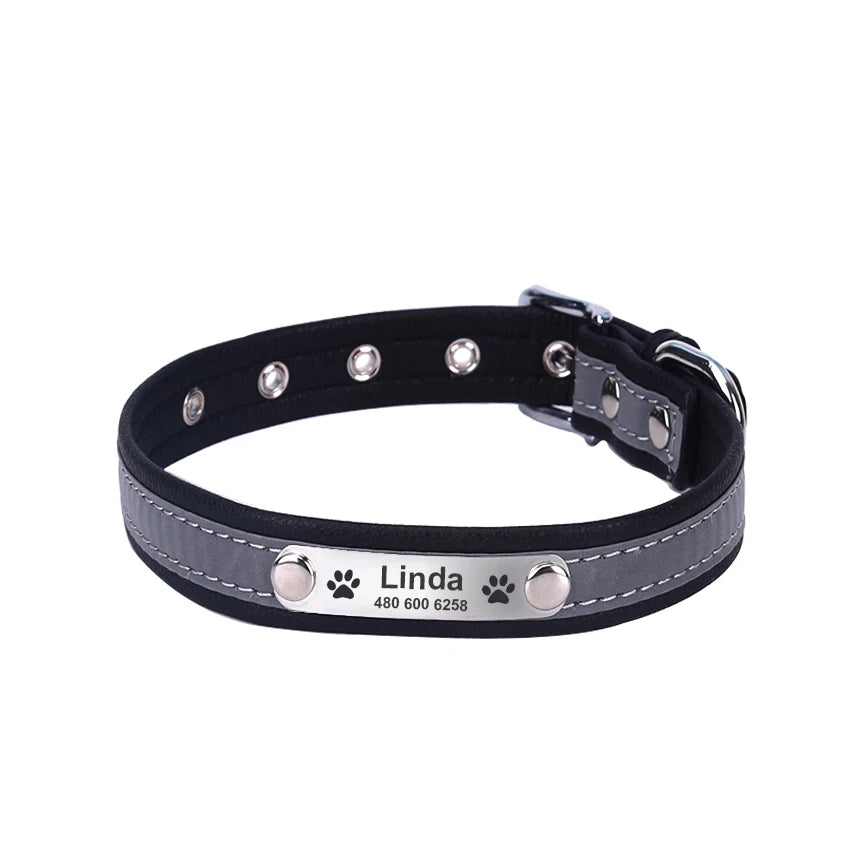 Personalized Dog Collar Leather Reflective Cat Collar Custom Engraved ID Tag Engraved For Puppy Large Dogs  Pet accessories