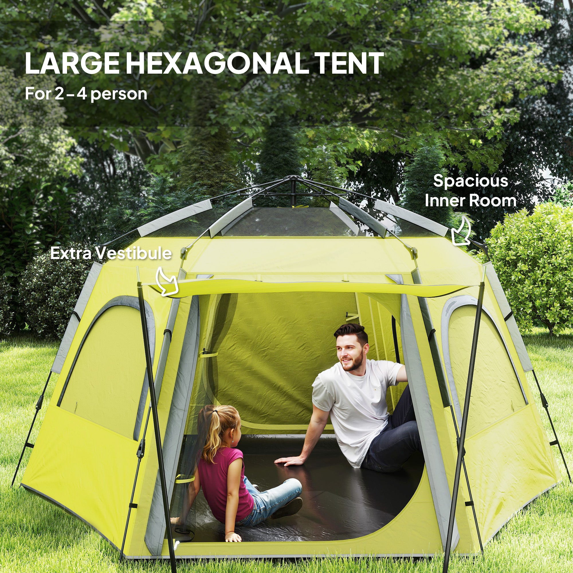 Instant Camping Tent, 2/3/4 Person Easy Setup Dome Family Tent with Vestibule, Rainfly, 4 Mesh Windows & 2 Doors
