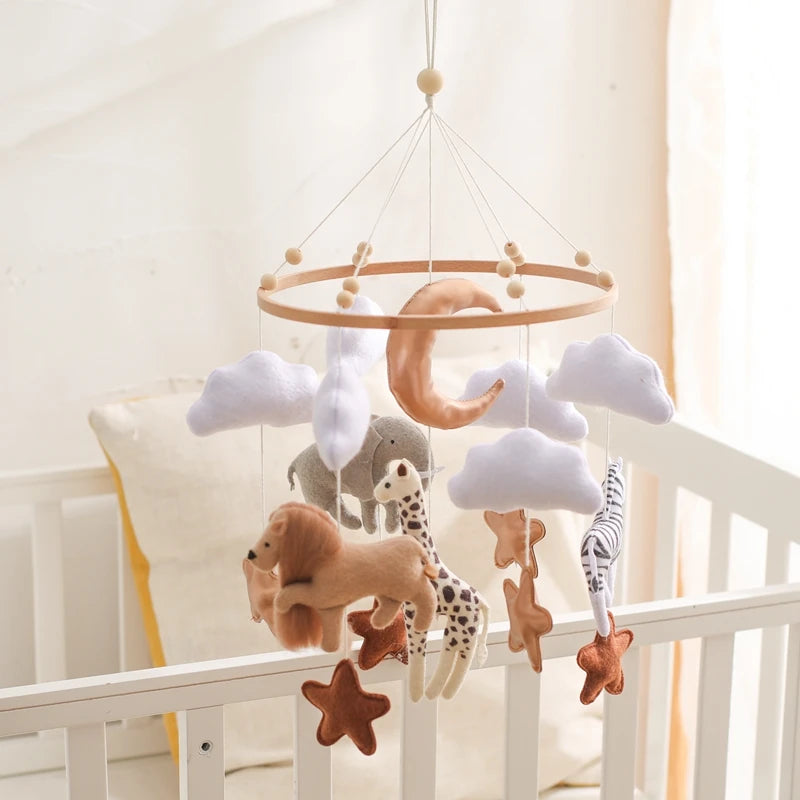 Wooden Crib Mobile with Soft Felt Animals – Newborn Bed Bell & Music Box - I YAN