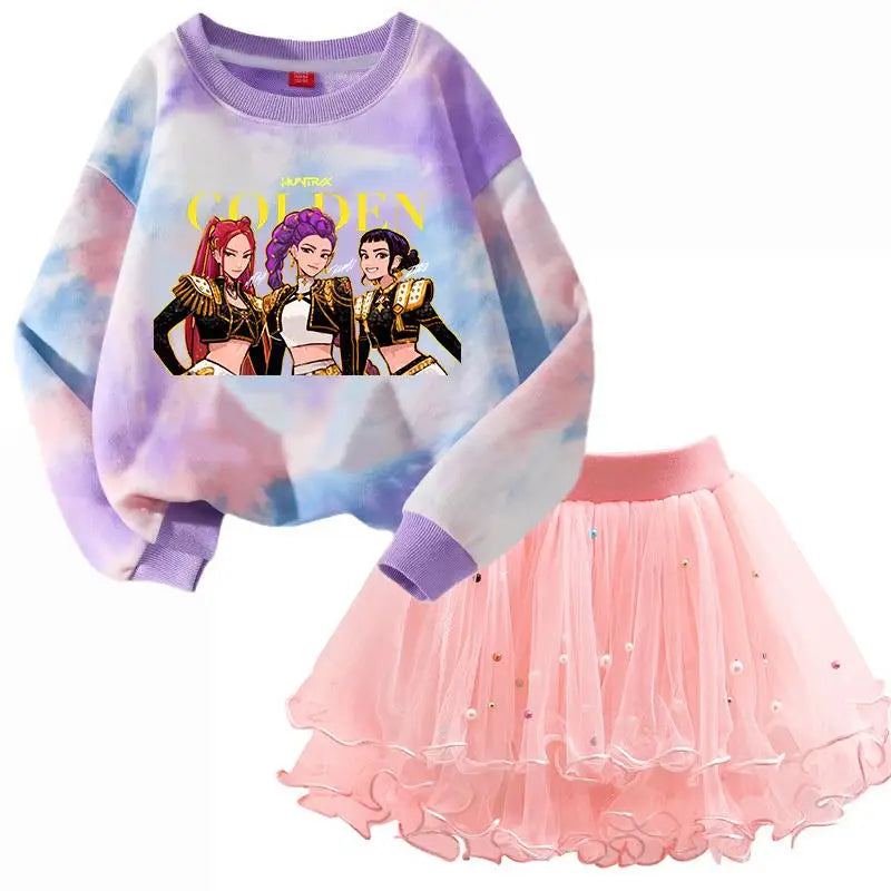 K-Pop Hunters Zoey Mira Rumi Children Sweaters Girls Tie-dye Sweatshirt Pink Pullovers Kids Tops Tulle Princess Dresses Suit