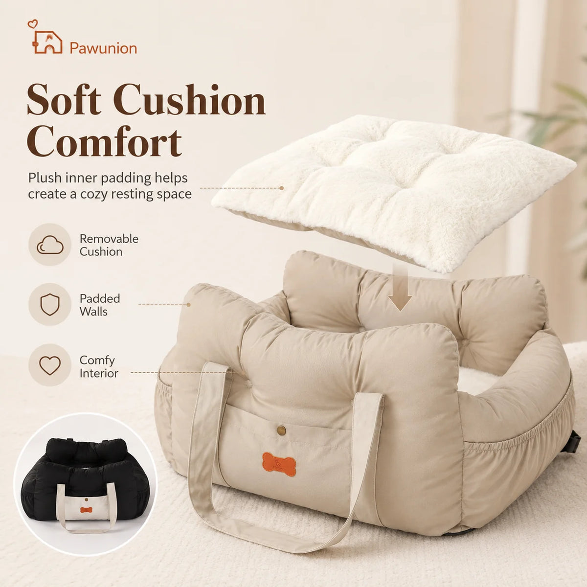 Portable I YAN dog car seat for small and medium dogs with plush interior, storage pocket, safety tether, ideal for front or back seat travel.