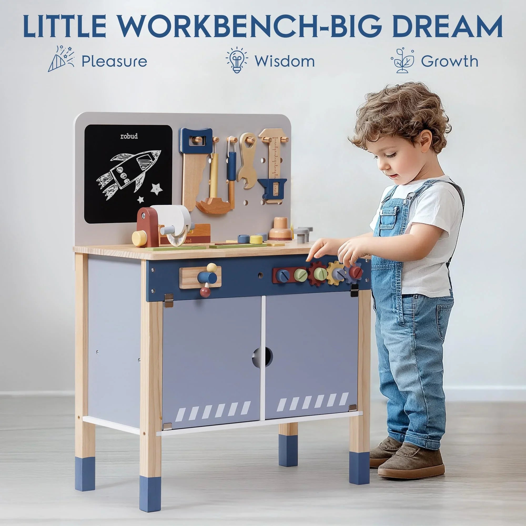 I YAN Robotime Robud wooden toy workbench with tools and accessories for kids, ideal for pretend play and creative building.