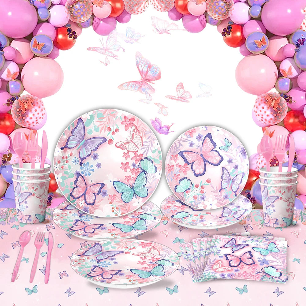 Butterfly Girls Birthday Party Disposable Tableware Fairy Pink Paper Plates Cups Napkin Tablecloth Birthday Party Decorations
