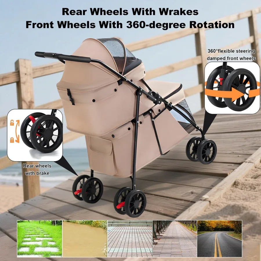 Double Layer Pet Stroller, Foldable Portable Medium Small Cat and Dog Carrier, Breathable Mesh Window, Stable Lightweight 4-Whe
