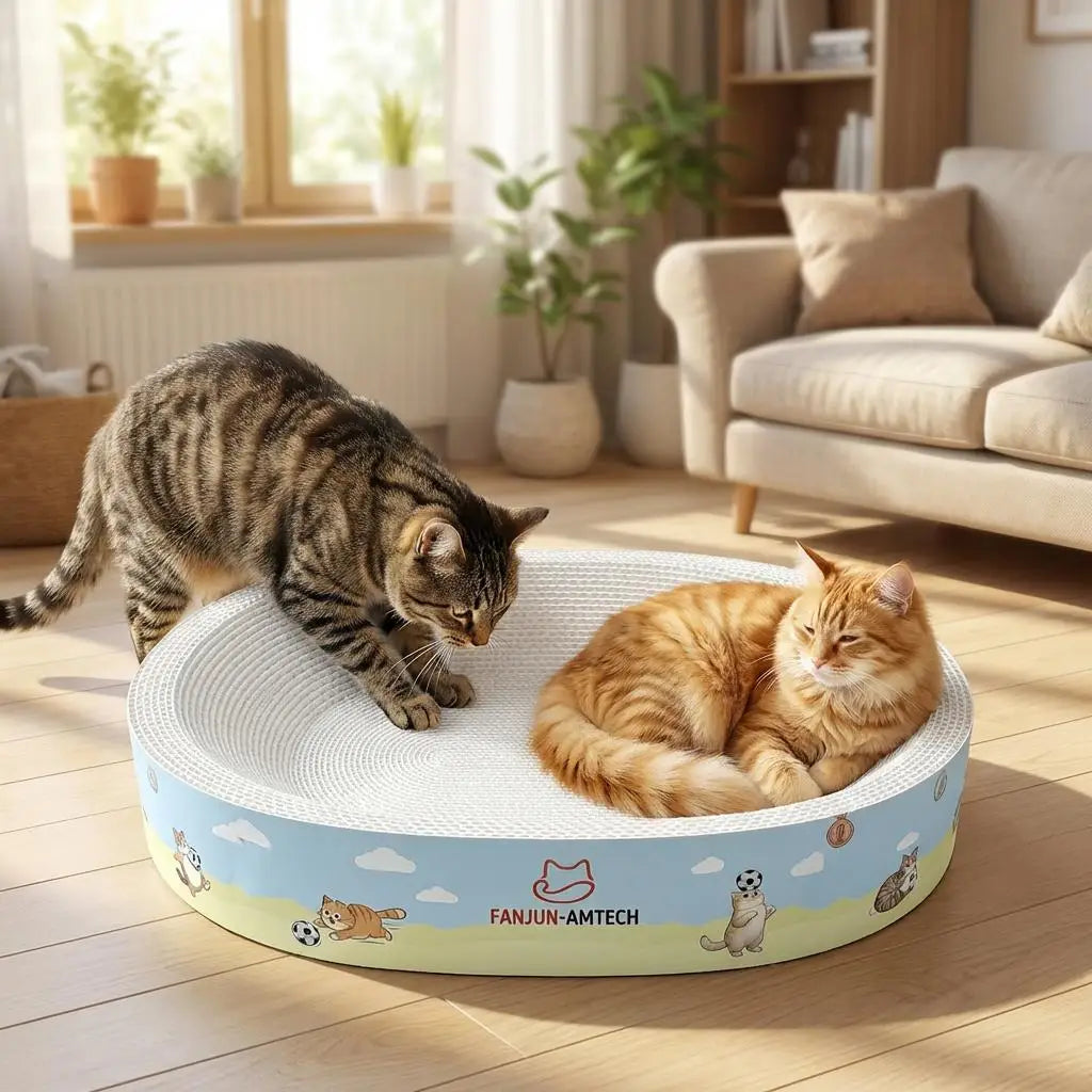 Large oval cat scratcher bed with corrugated lounge and anti-slip base, designed by I YAN for cozy feline comfort.