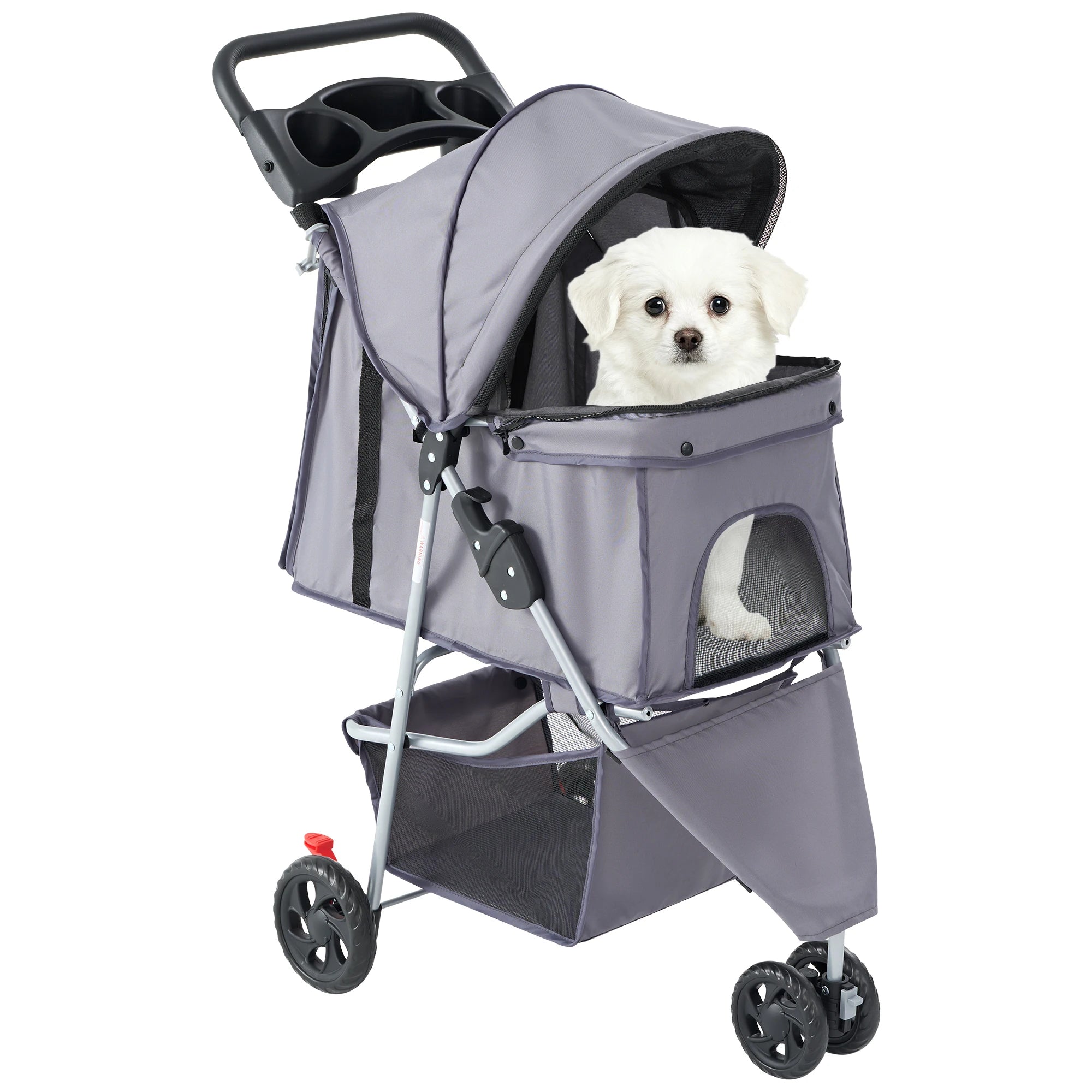 I YAN JHK 3-wheel foldable pet stroller for small dogs and cats with mesh windows, storage basket, and cup holder for outdoor walks